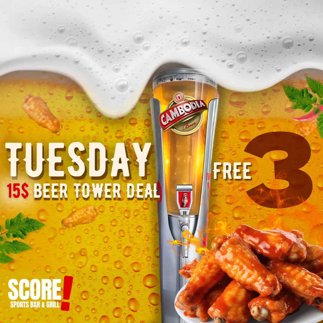 FOOD 2 Tuesday Tower deal — draft beer tower with three free wings at SCORE BKK1
