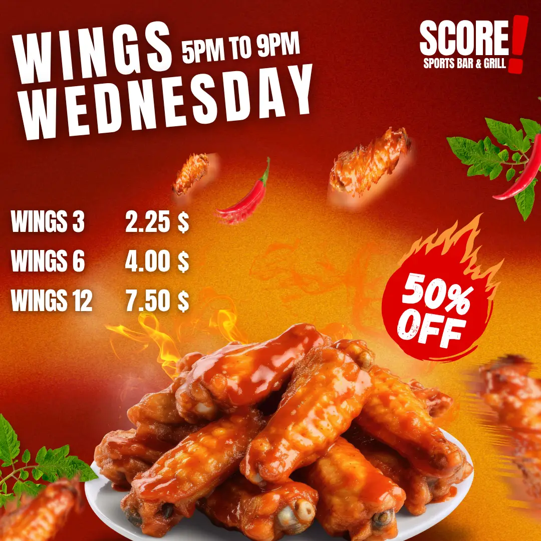 FOOD 3 Wings Wednesday — 50% off all chicken wings at SCORE Phnom Penh