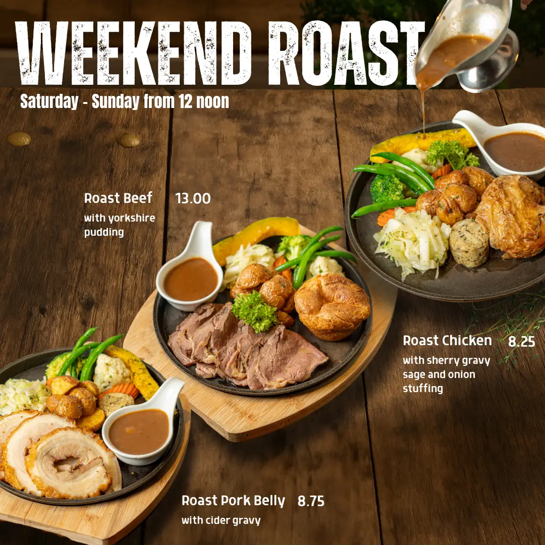 FOOD 6 Sunday roast — beef, chicken and pork belly with roast potatoes at SCORE Phnom Penh